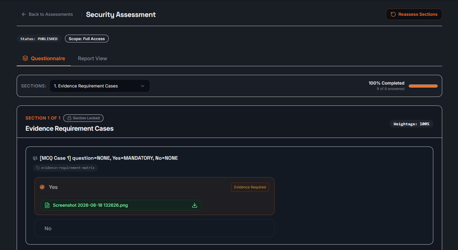 Granular questionnaire & evidence controls